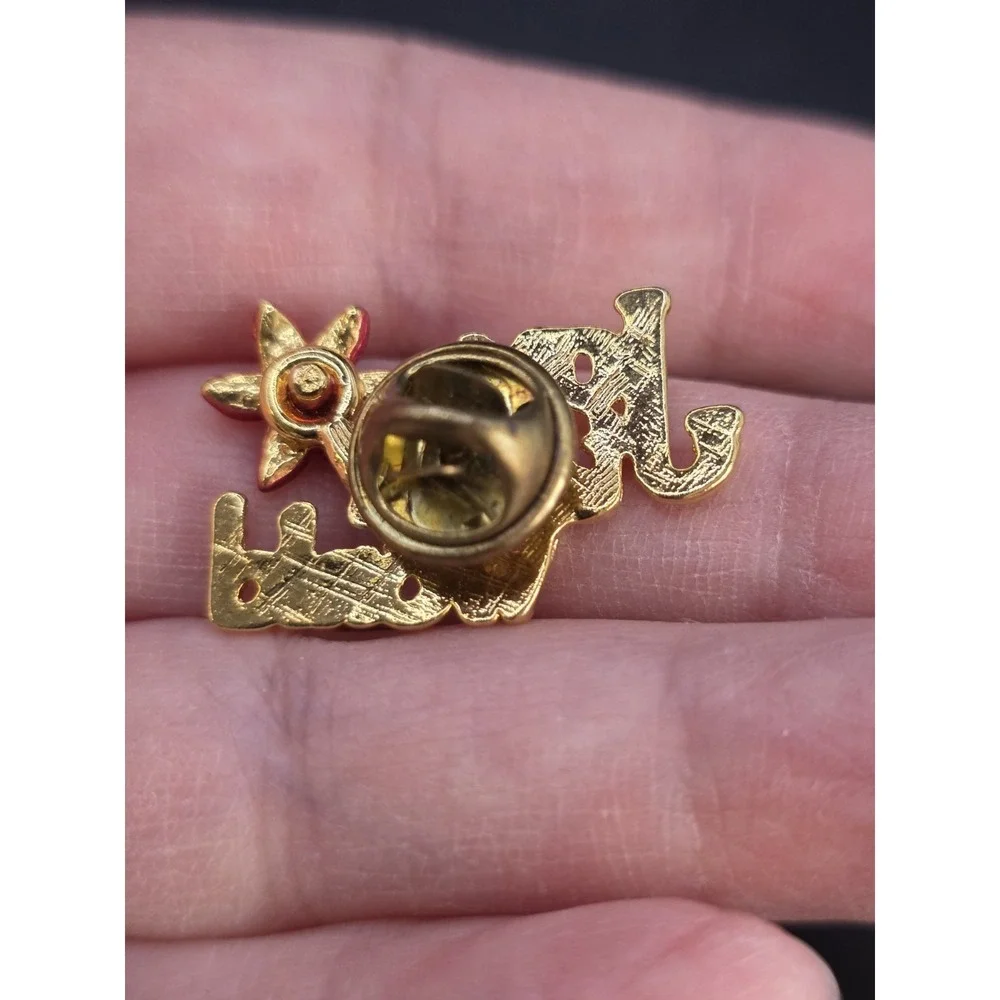Vintage Joy To The World Red Poinsettia Flower Christmas Gold Tone Lapel Pin